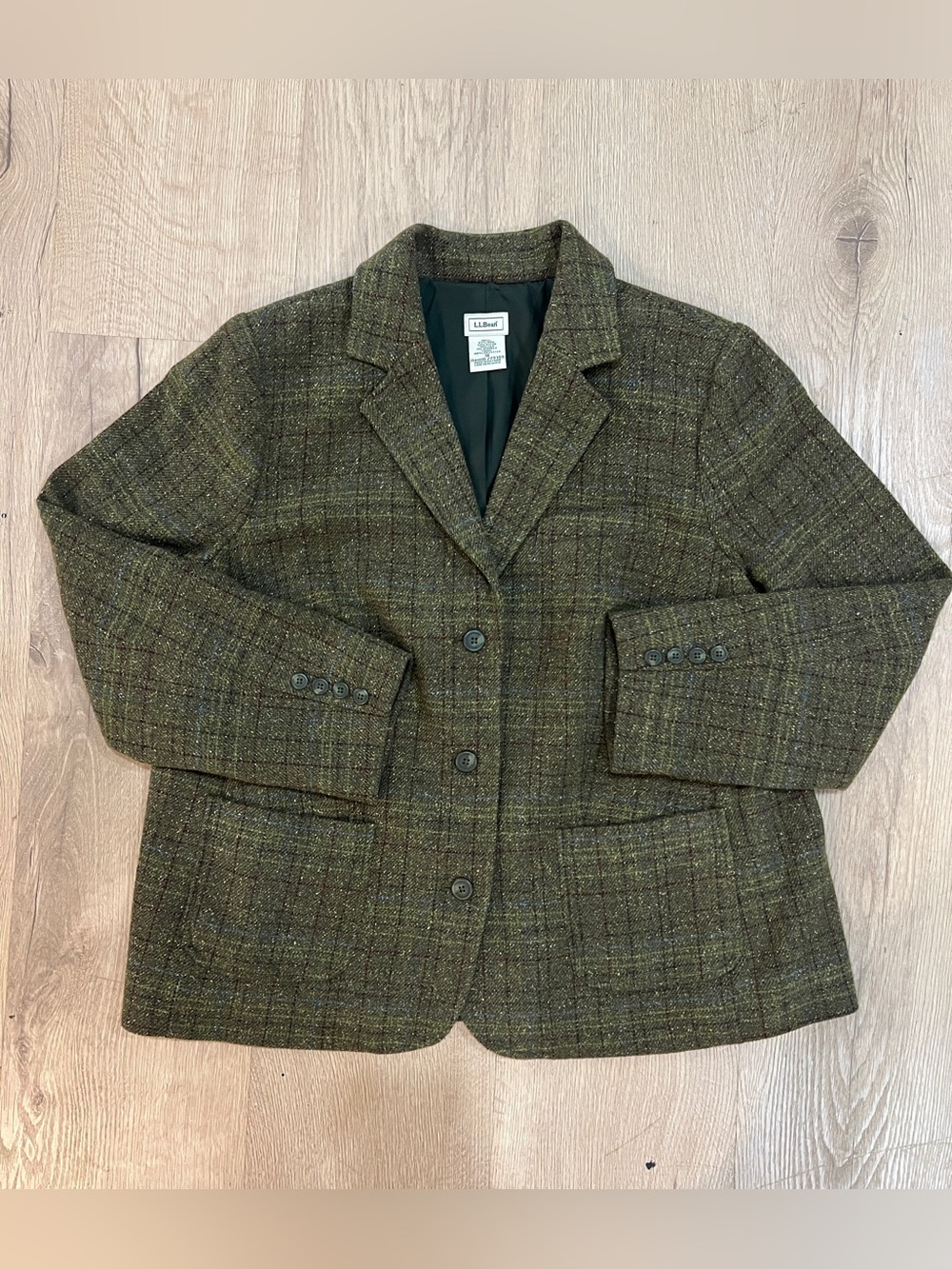 Vintage L.L. Bean Women’s 1X Tweed Wool Blazer Jacket Green Plaid Excellent